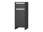 A dark gray cabinet with one door and a small top drawer.
