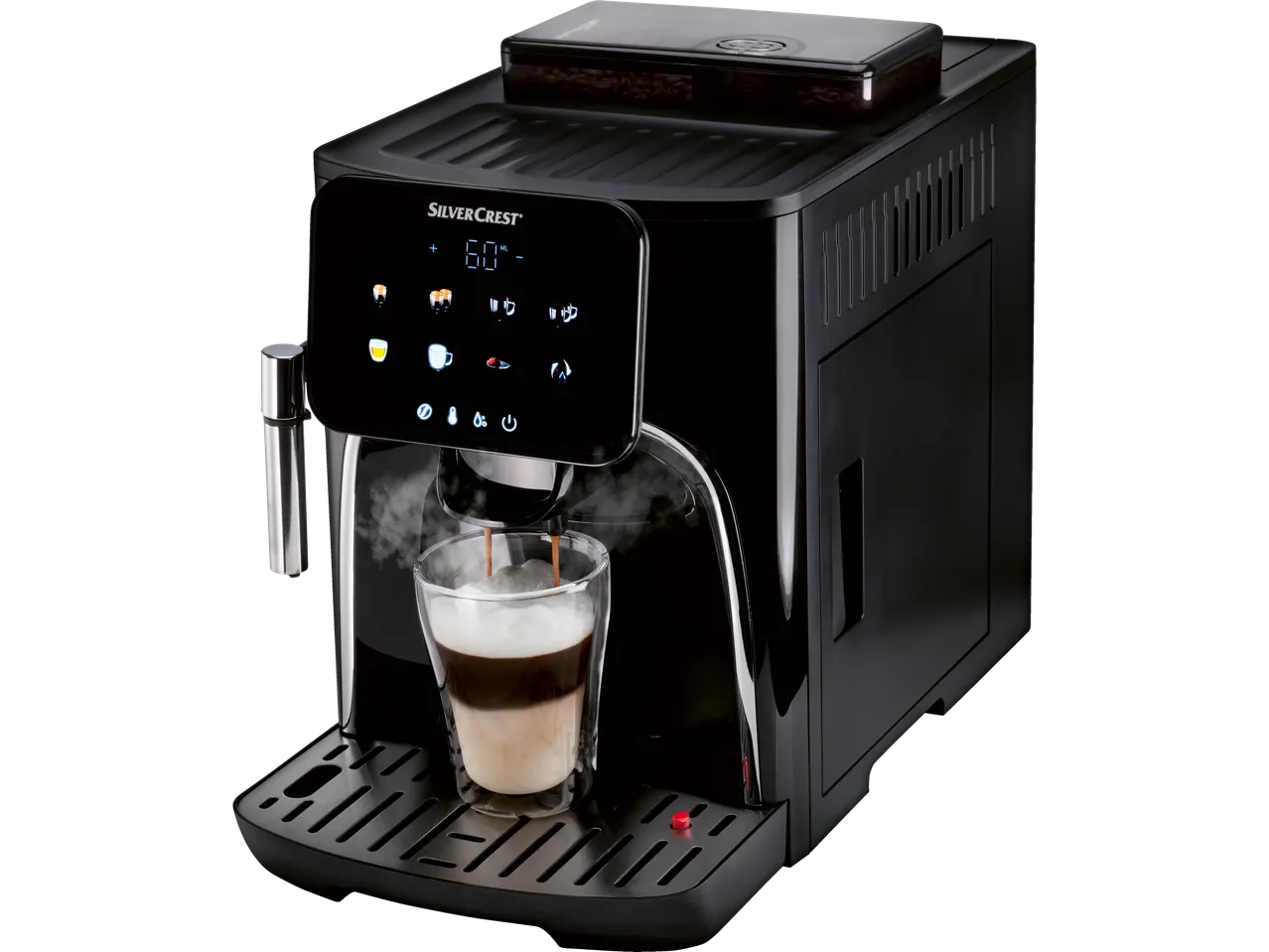 A SilverCrest coffee machine brewing a latte into a glass cup, with steam rising.