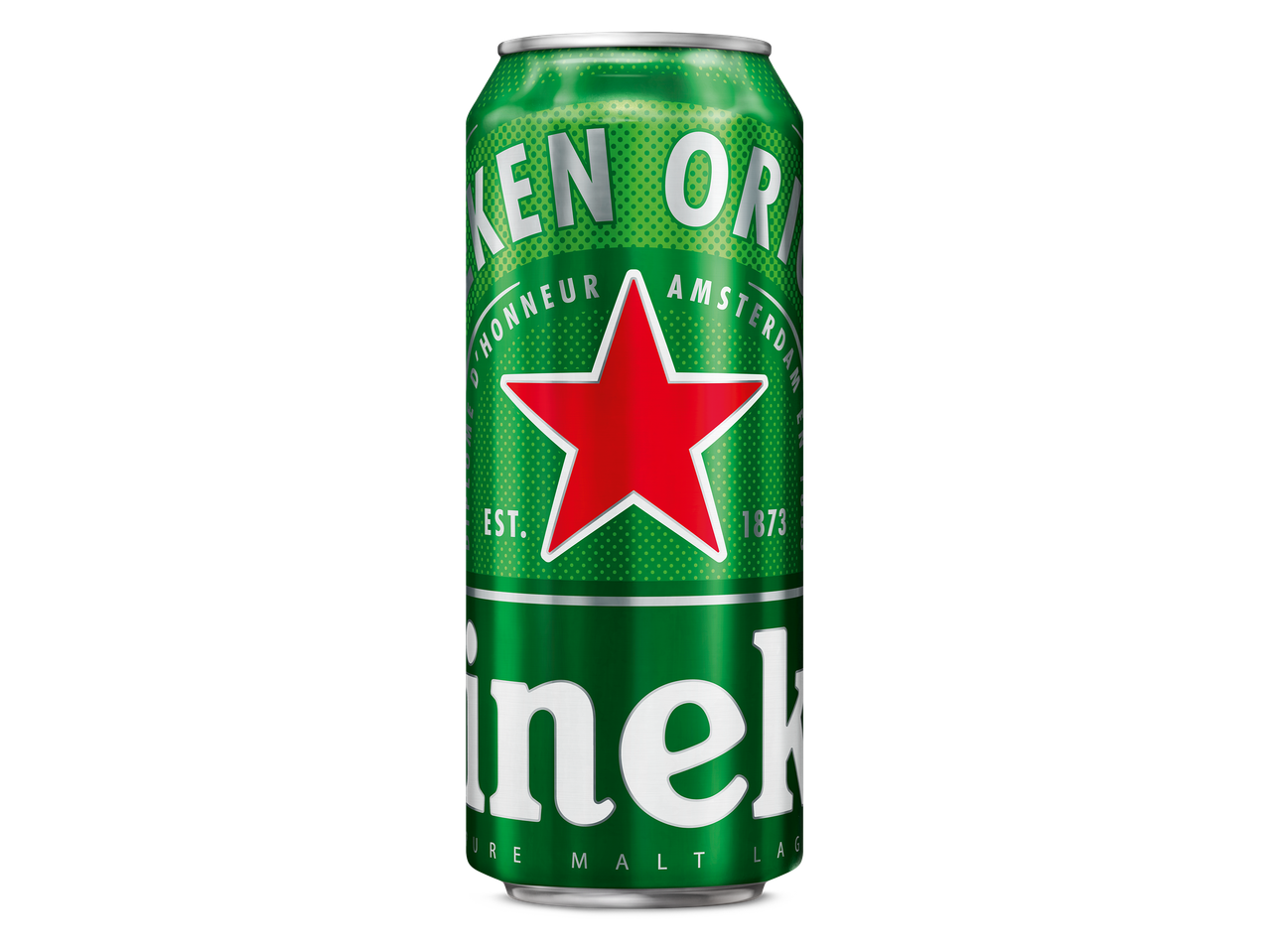 Groen blikje met een rode ster en witte tekst op een zwarte achtergrond.