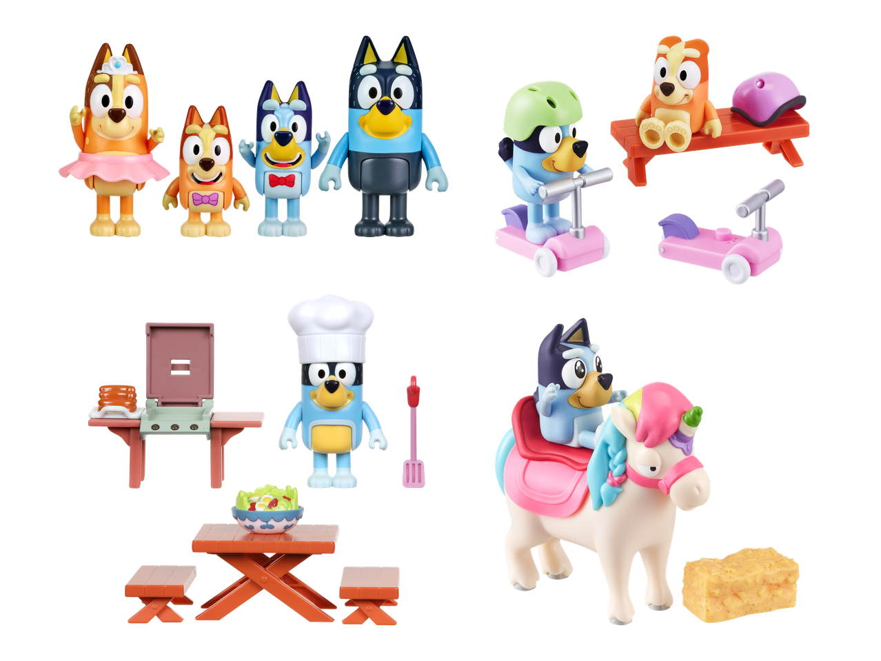 Bluey-leluhahmoja ja leikkisettejä, mukaan lukien perhehahmot, skootterit ja piknik-setti.