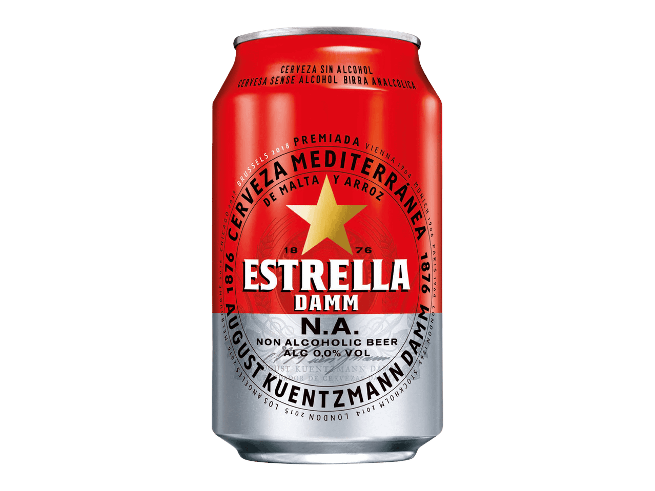Punainen ja hopeinen alkoholiton oluttölkki, jossa on kultainen tähti ja tekstiä.