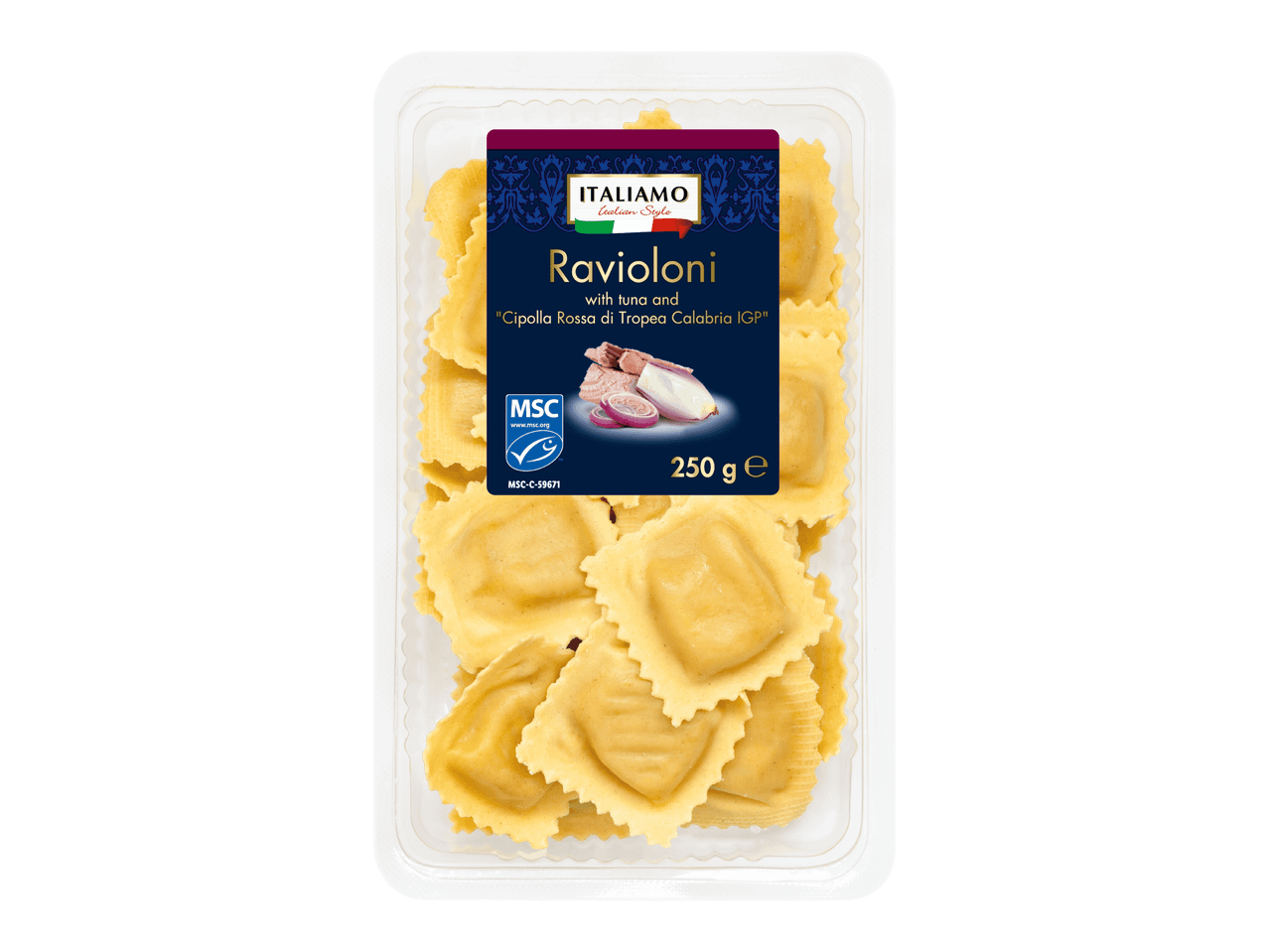 Italiamo-raviolonipakkaus, jossa on tonnikalaa ja punasipulia.