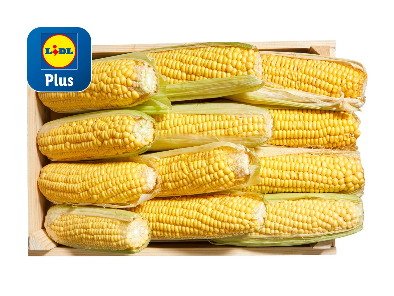Lidl Plus: Süßer Mais in Holzkiste.