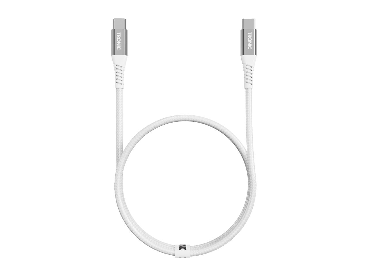 White braided USB-C to USB-C charging cable with metallic connectors