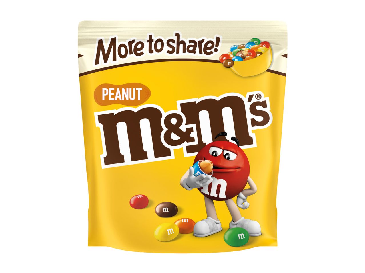 Peanut chocolate candies in a yellow sharing bag.
