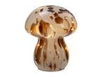 Mushroom-shaped glass table lamp with warm LED lights and a brown and white speckled pattern