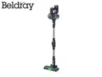 A dark grey and silver stick vacuum cleaner with green LED lights on the brush head.