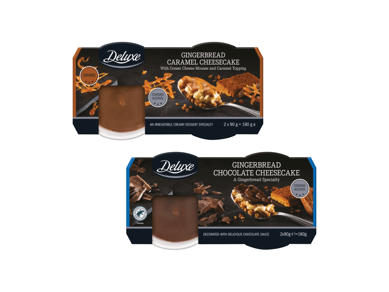Du „Deluxe“ imbierinių sausainių sūrio pyragaičiai: karamelinis ir šokoladinis.