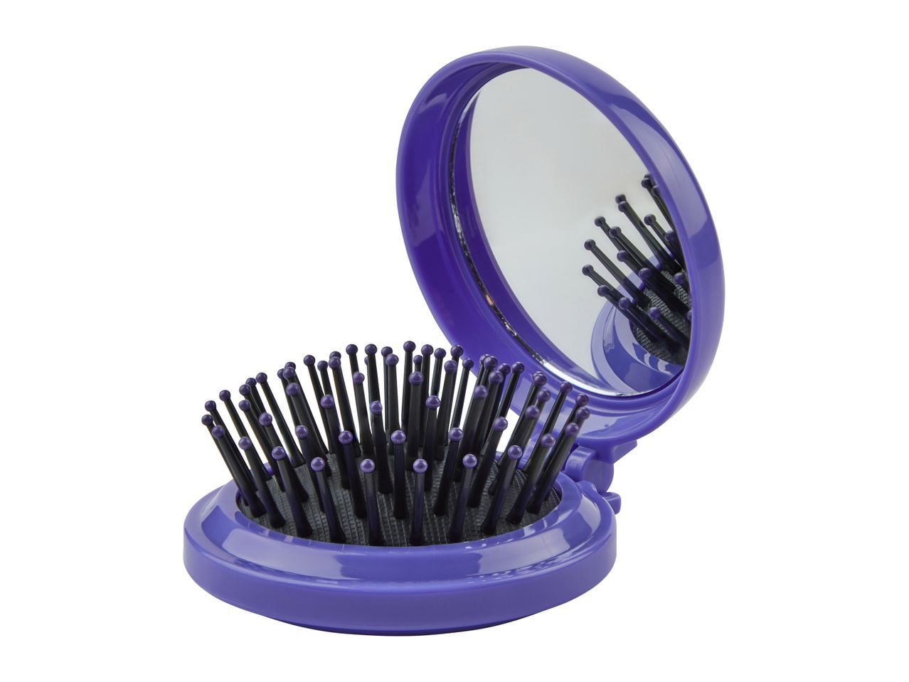 Purple compact mirror with a small hairbrush inside.