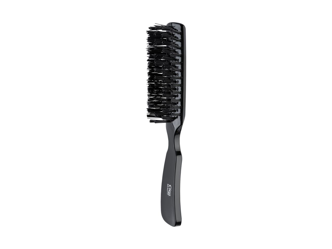 Black hairbrush with boar bristles and a curved handle