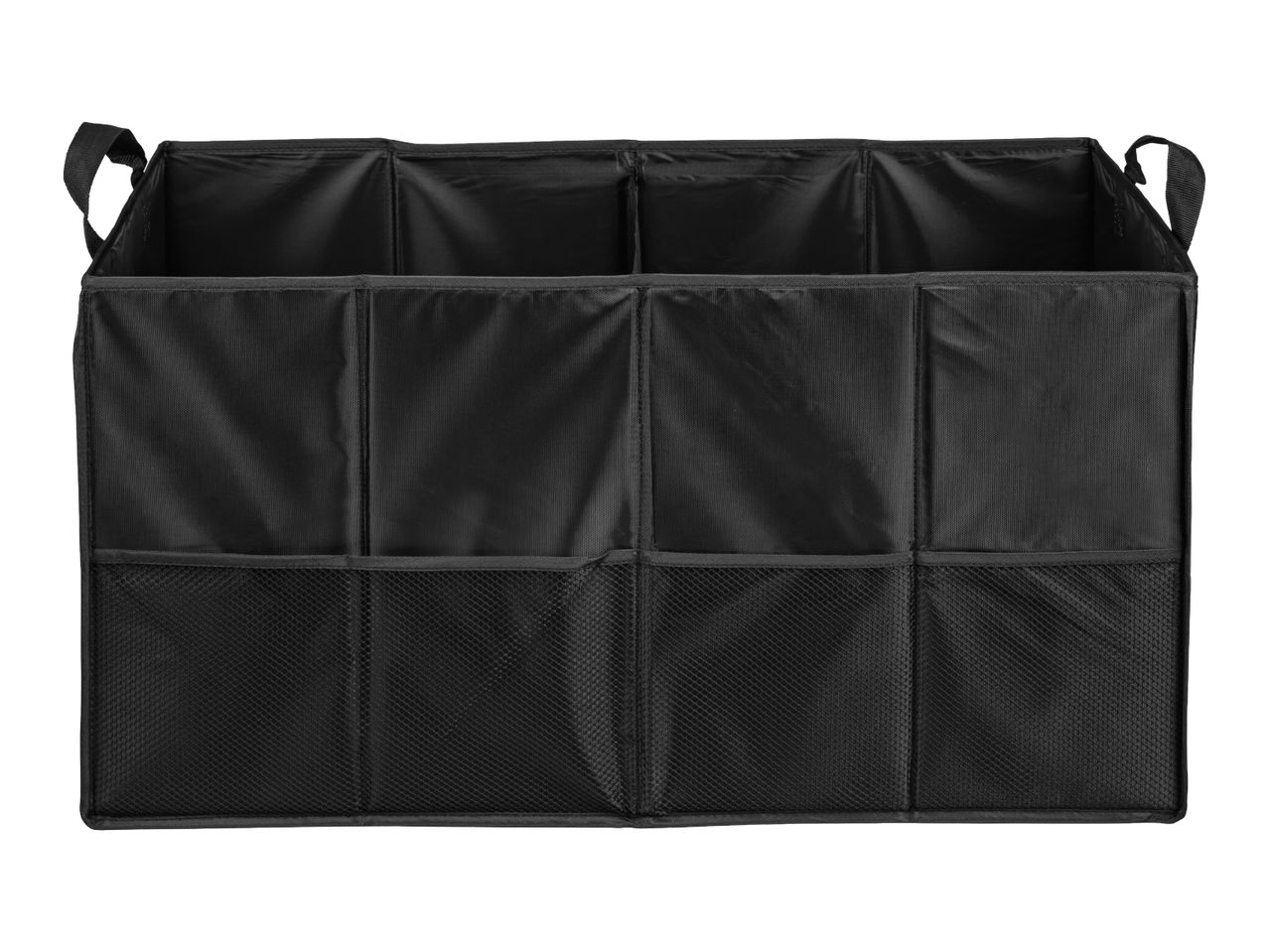 Black car boot organiser with multiple compartments and mesh pockets