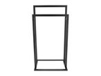 Black metal towel rack with two bars, standing upright on a white background.