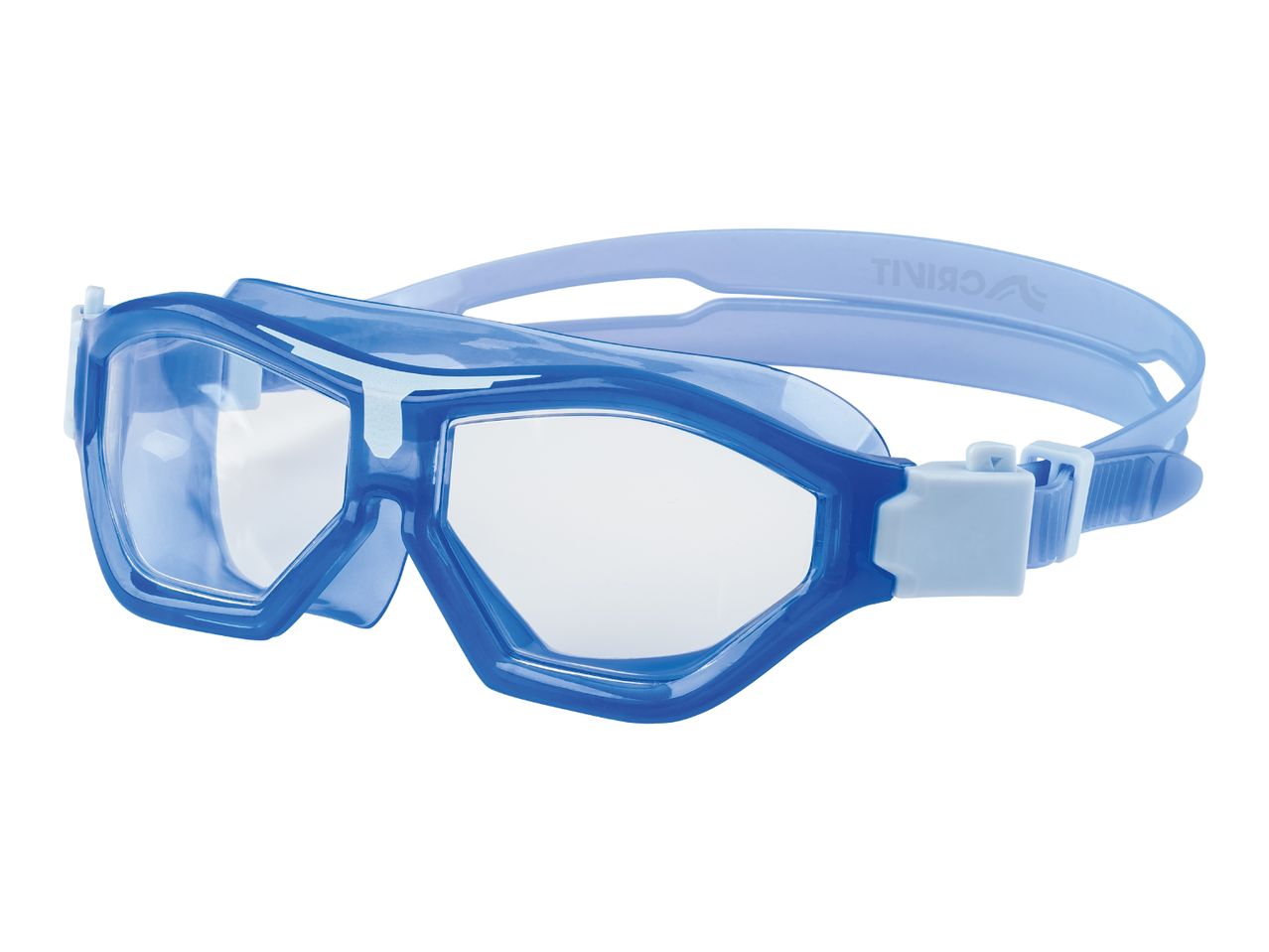 Blue swimming goggles with clear lenses and an adjustable strap.