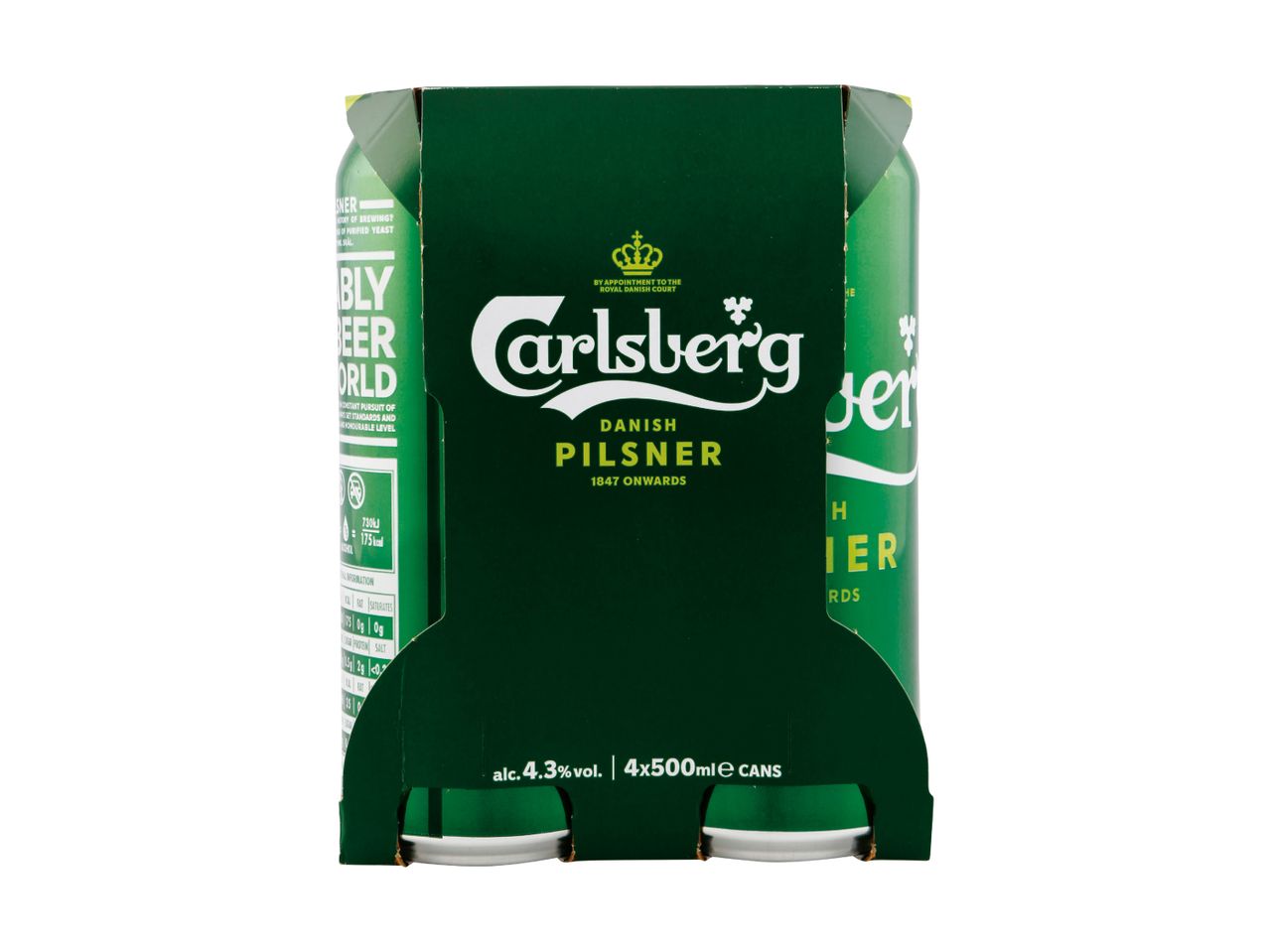 Four-pack of Carlsberg Danish Pilsner beer cans.