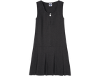Dark grey school pinafore dress with a heart-shaped zipper pull and pleated skirt.