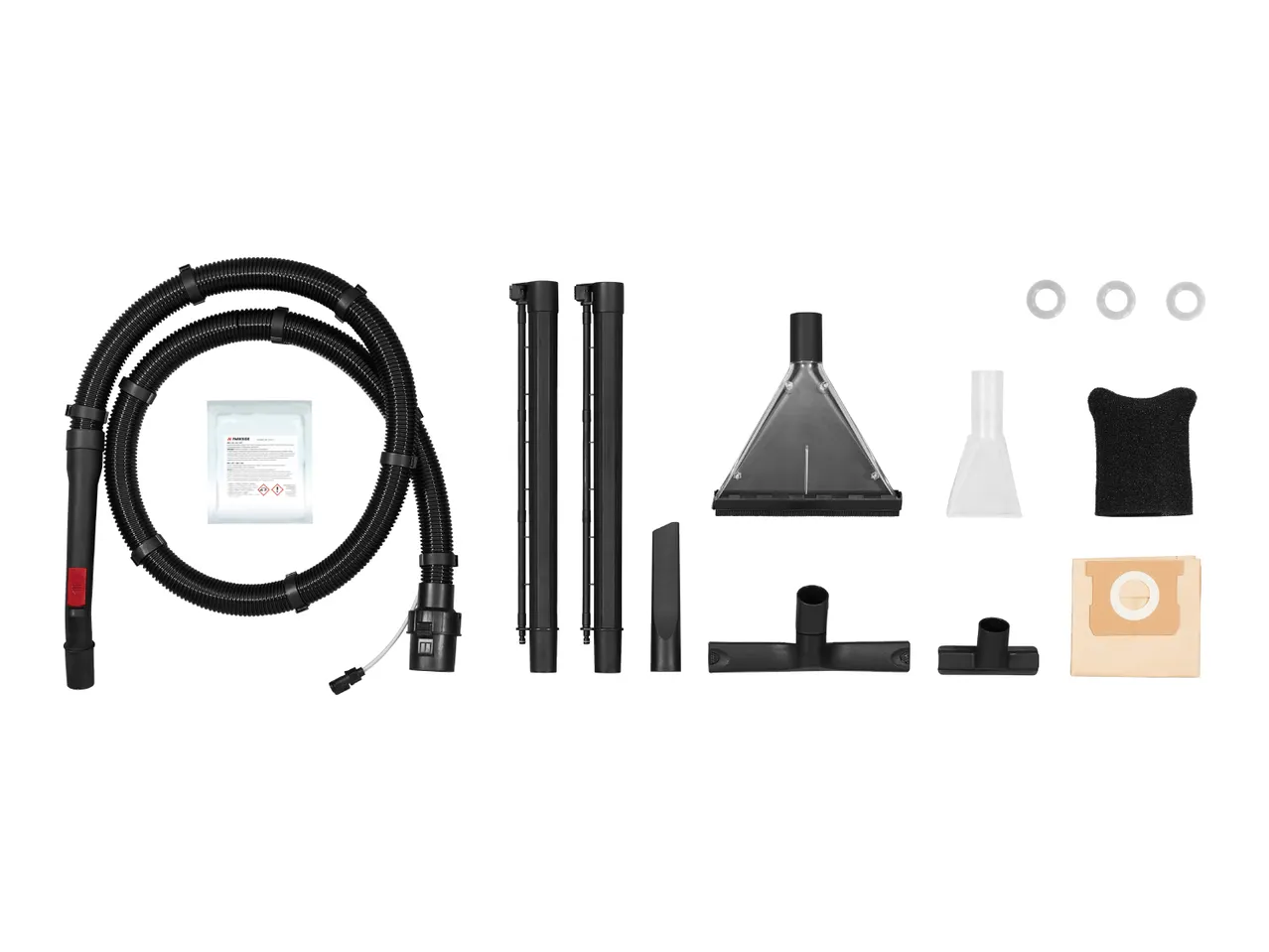 A selection of black and transparent vacuum cleaner attachments and accessories on a white background.