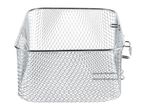 A rectangular metal mesh frying basket with a handle, isolated on a white background.