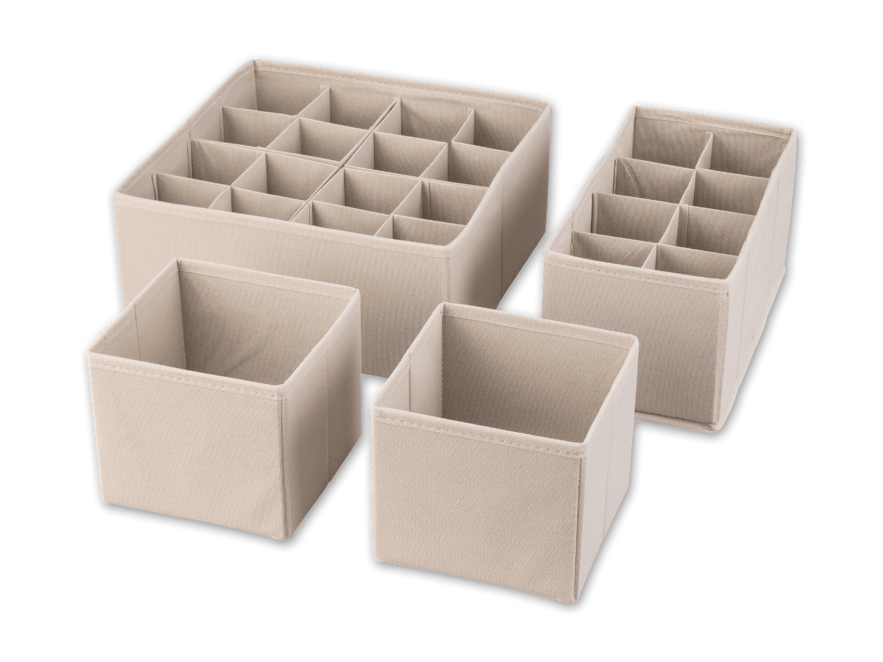 Beige Stoff-Organizer für Schubladen: zwei große und zwei kleine Fächer.