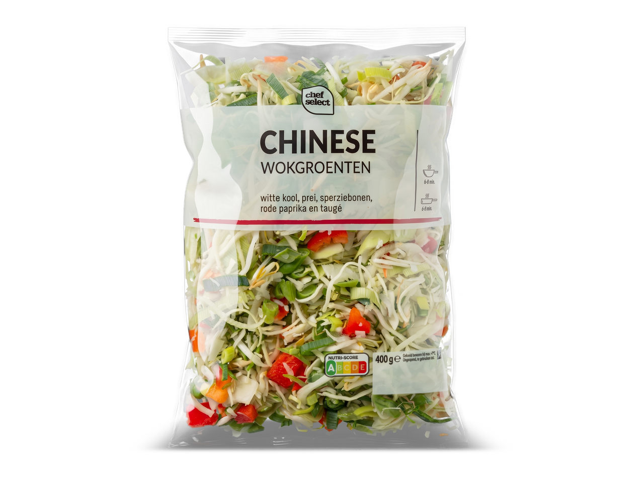 Zak Chinese wokgroenten met witte kool, prei, sperziebonen, rode paprika en taugé, 400g.