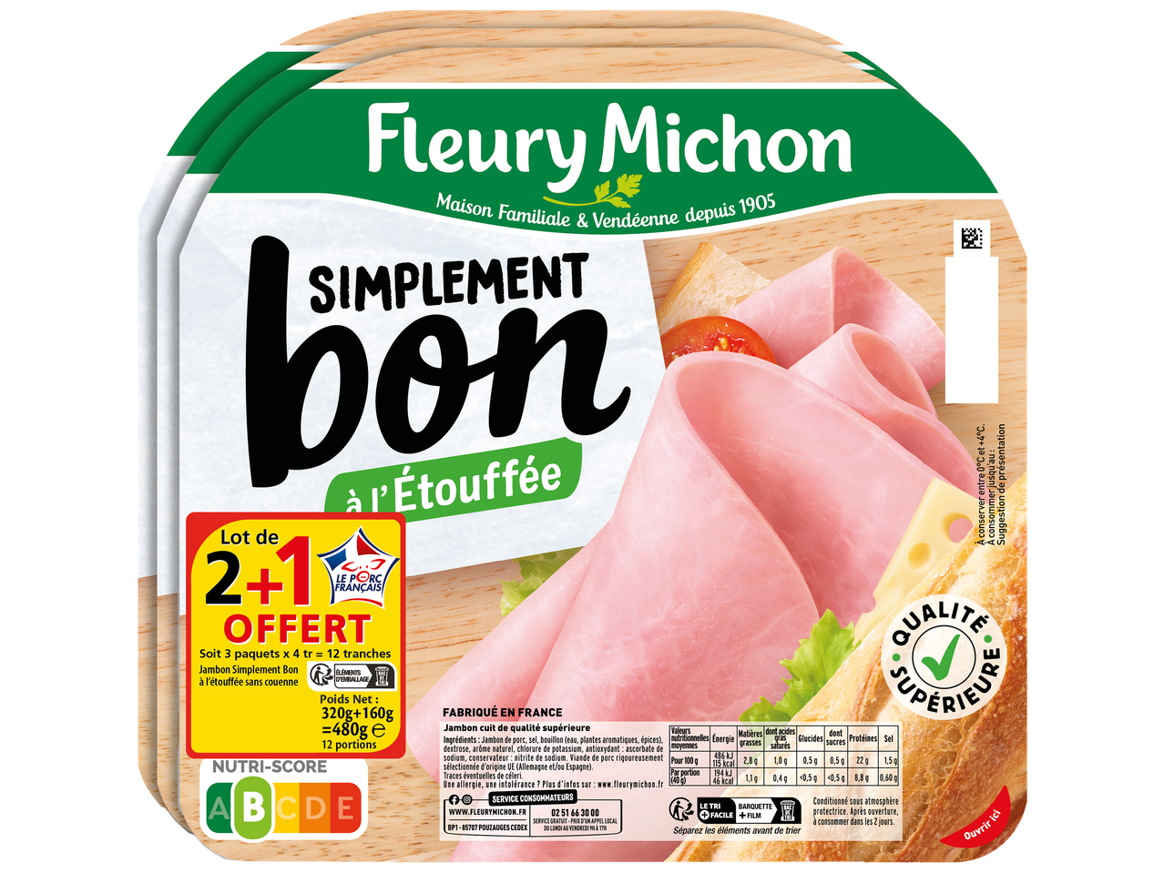 Jambon cuit supérieur, offre 2+1 gratuit, Nutri-Score A, qualité supérieure.