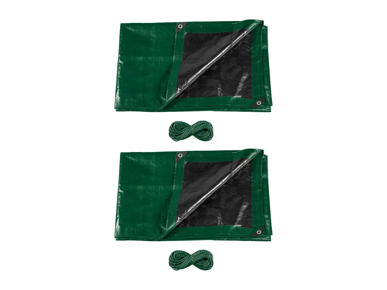 Two green tarpaulins with black undersides and two coiled ropes.