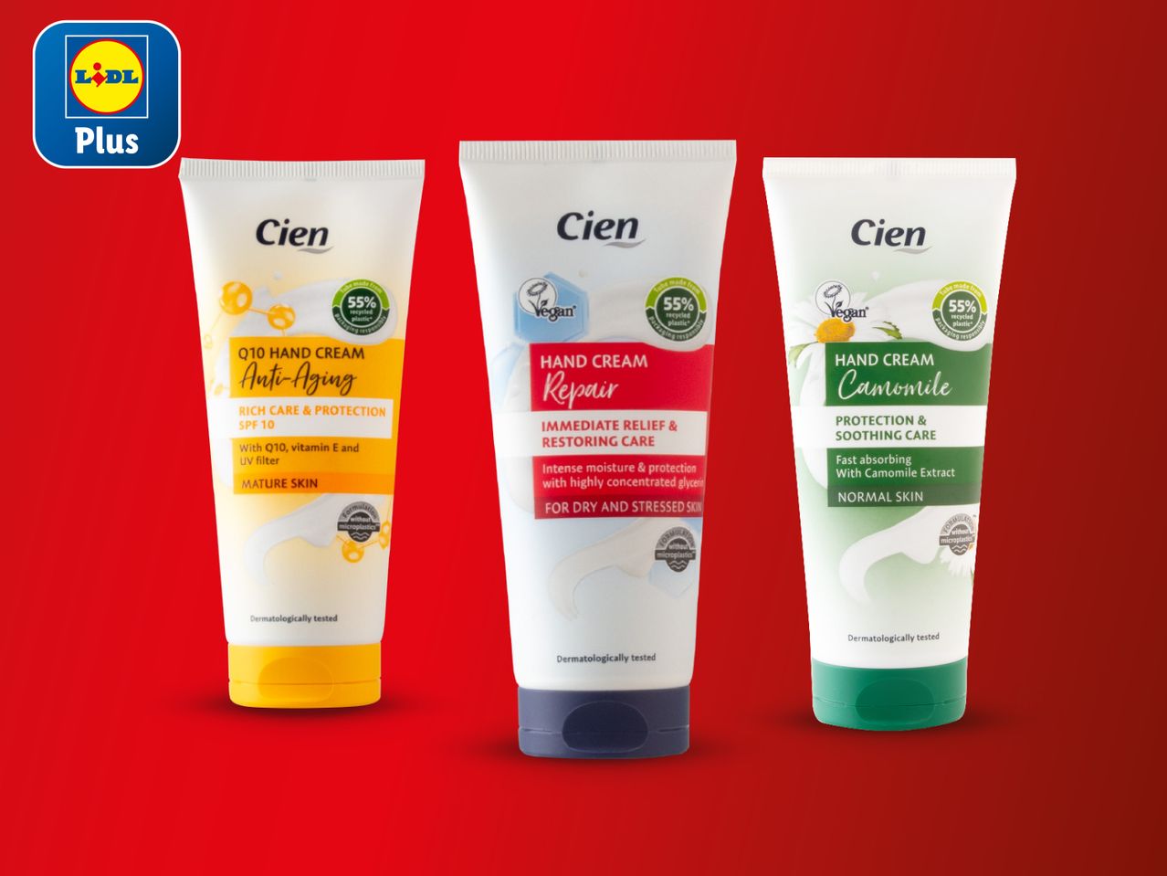 Tri Cien kreme za ruke (Anti-Aging, Repair, Camomile) iz Lidla Plus linije.