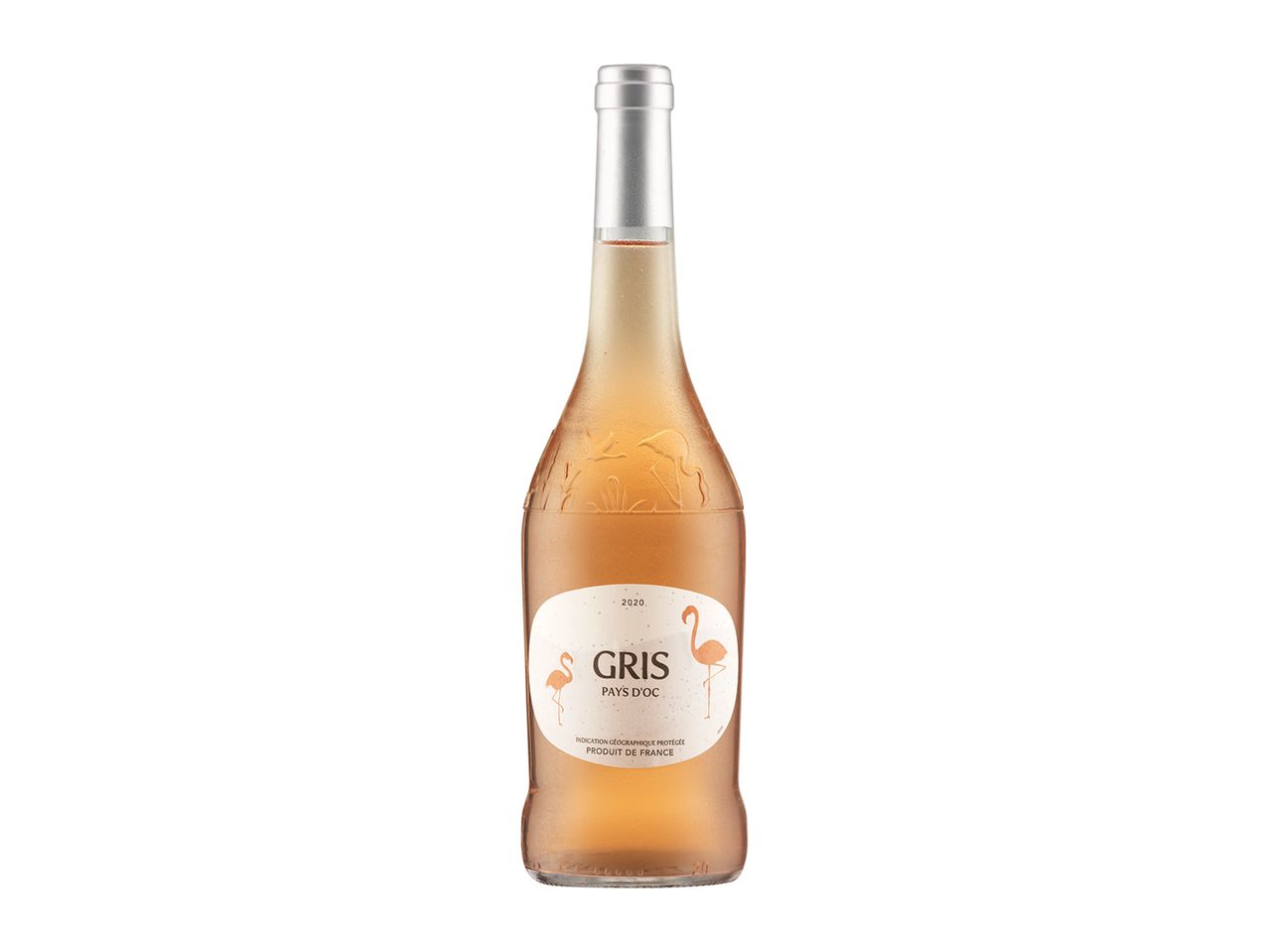 Bottle of Gris Pays d'Oc rosé wine featuring flamingos.