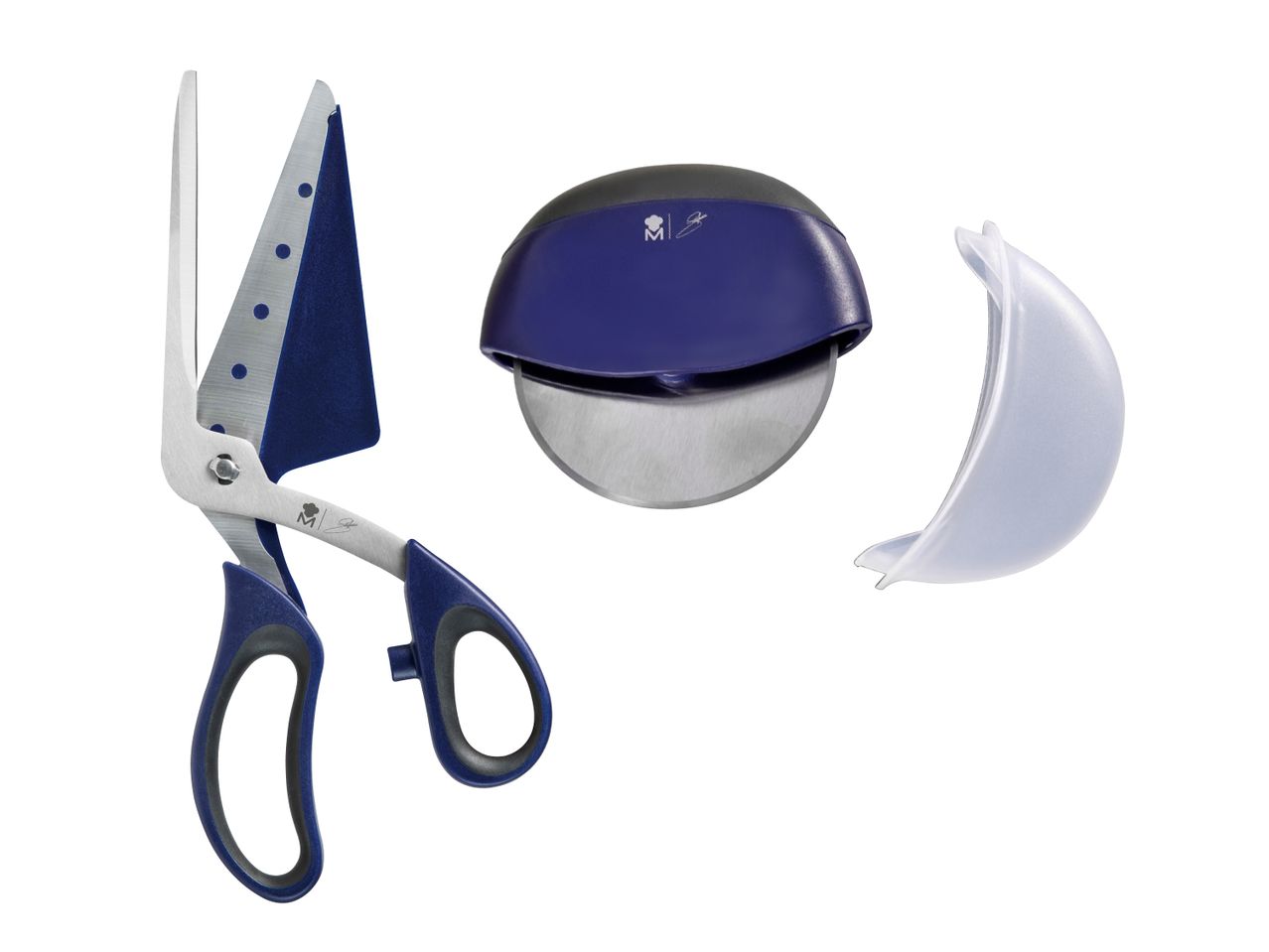 Küchenschere und Pizzaschneider in Blau und Grau
