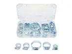 A clear plastic organizer box filled with various sizes of metal hose clamps, with five clamps displayed below.