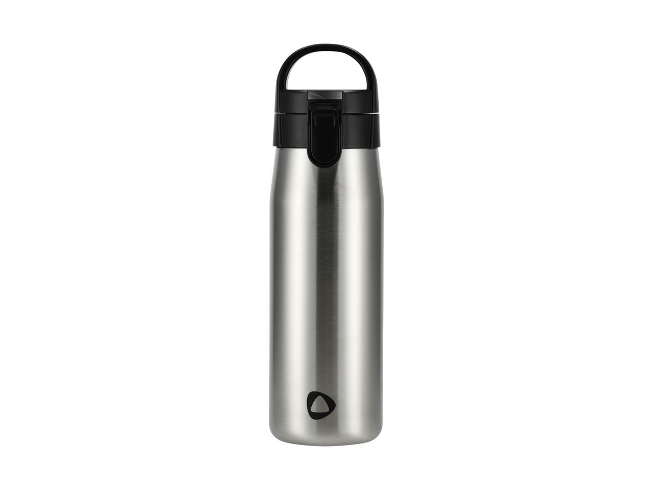 Stainless steel water bottle with a black lid and handle, featuring a small triangular logo.