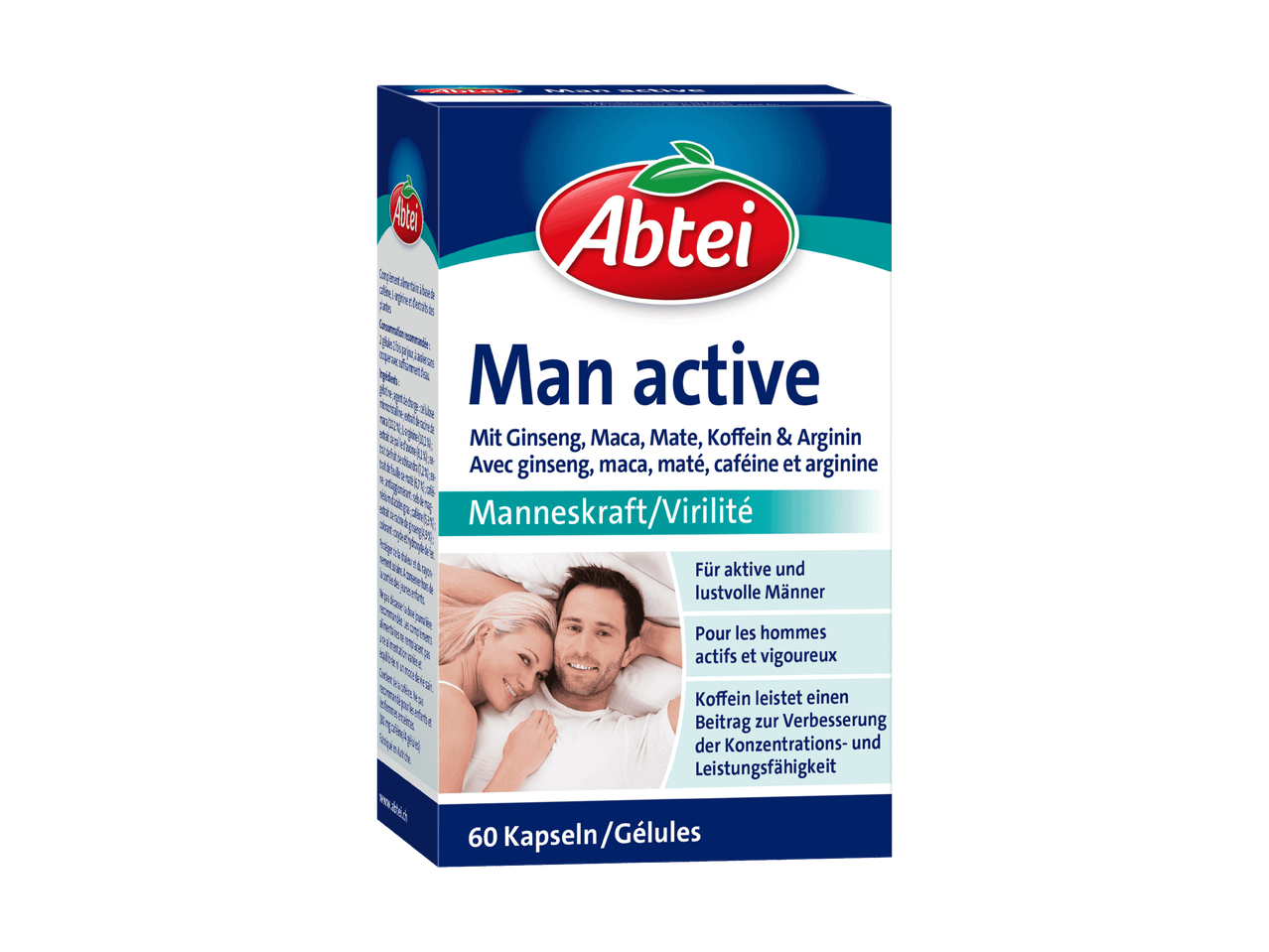 Packung Abtei Man Active mit Ginseng, Maca, Mate, Koffein und Arginin für aktive Männer.