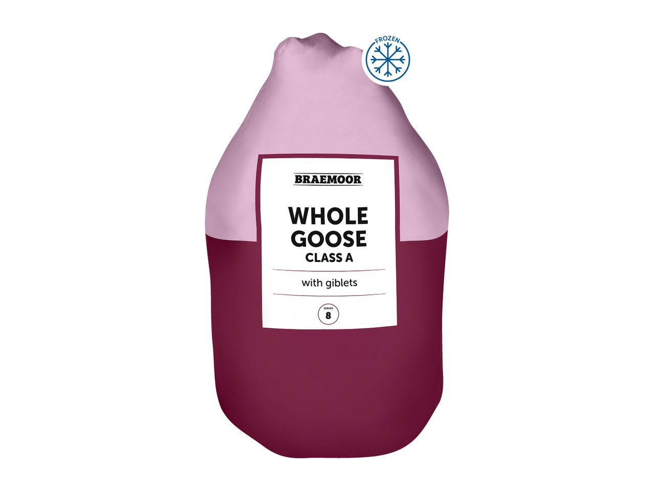 Braemoor Whole Goose, Class A, with giblets, serves 8, frozen.