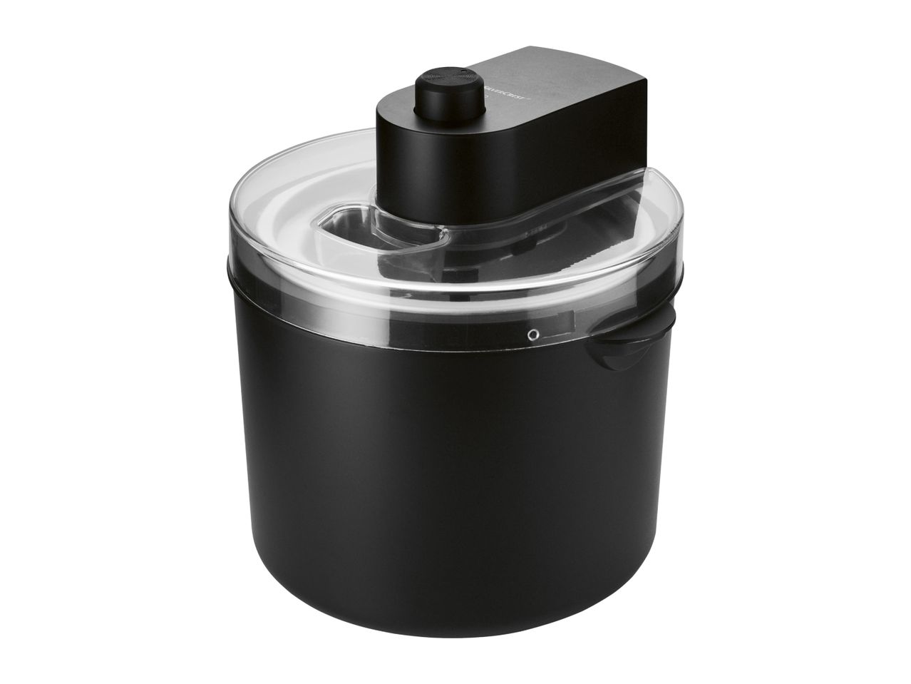 Black ice cream maker with a transparent lid and a control knob on top.
