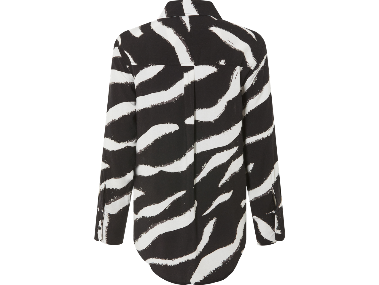 Zwart-witte zebraprint blouse met lange mouwen.