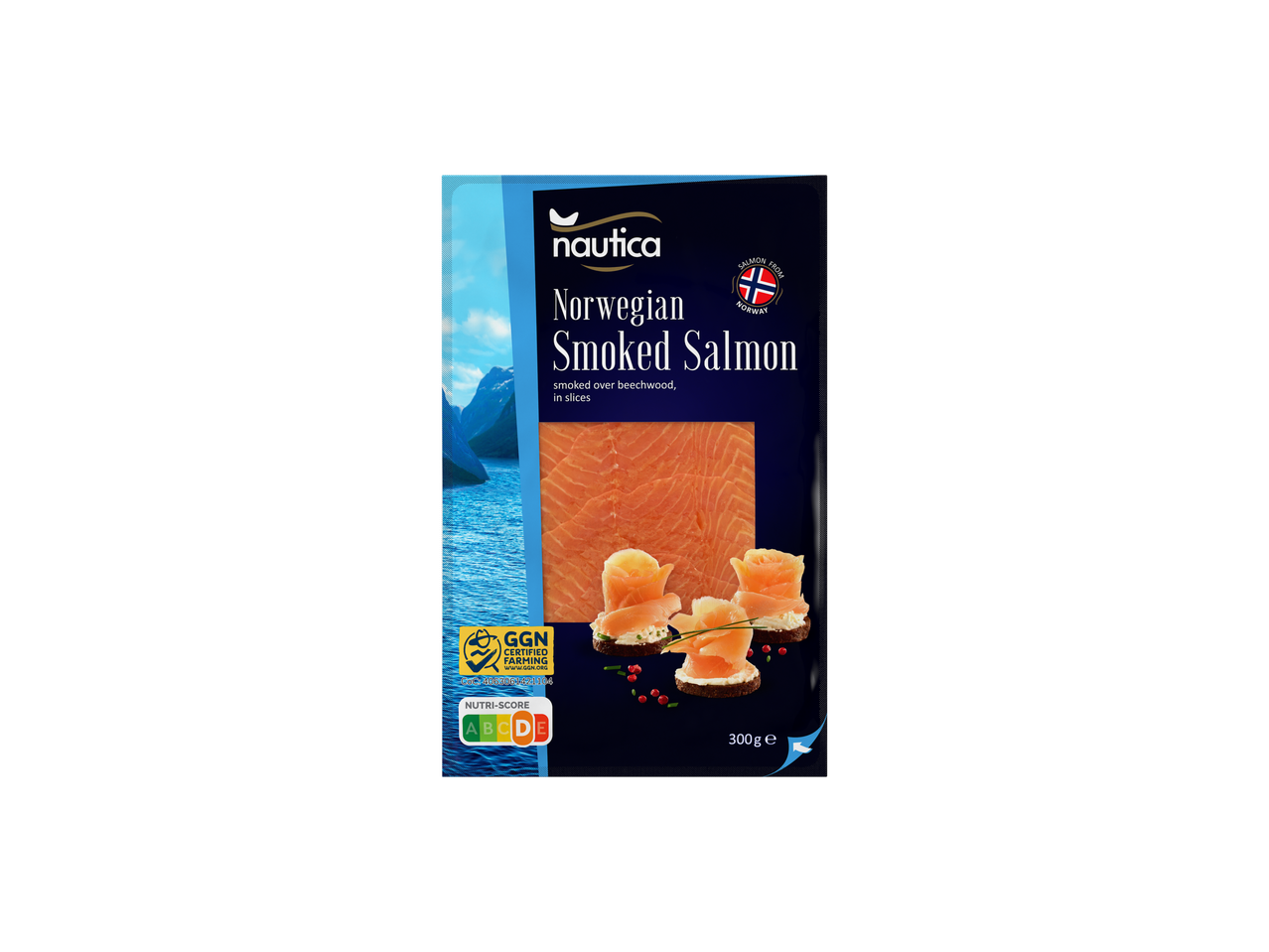 Nautica salmão fumado norueguês em fatias, embalagem de 300g com Nutri-Score B.