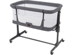 A gray and white baby bassinet with mesh sides and wheels.