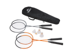Conjunto de badminton CRIVIT com duas raquetes cinzentas, duas laranjas, três petecas e uma bolsa preta.