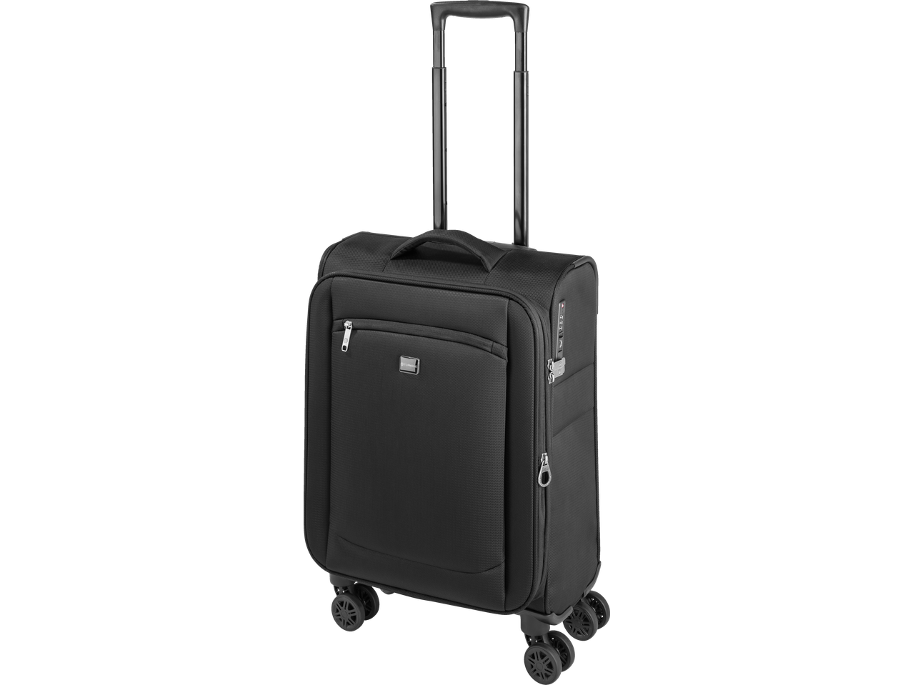 Black soft-shell carry-on luggage with an extended telescopic handle and four spinner wheels.