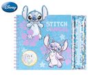 Blue spiral notebook with Stitch and Angel, and a matching pencil case.