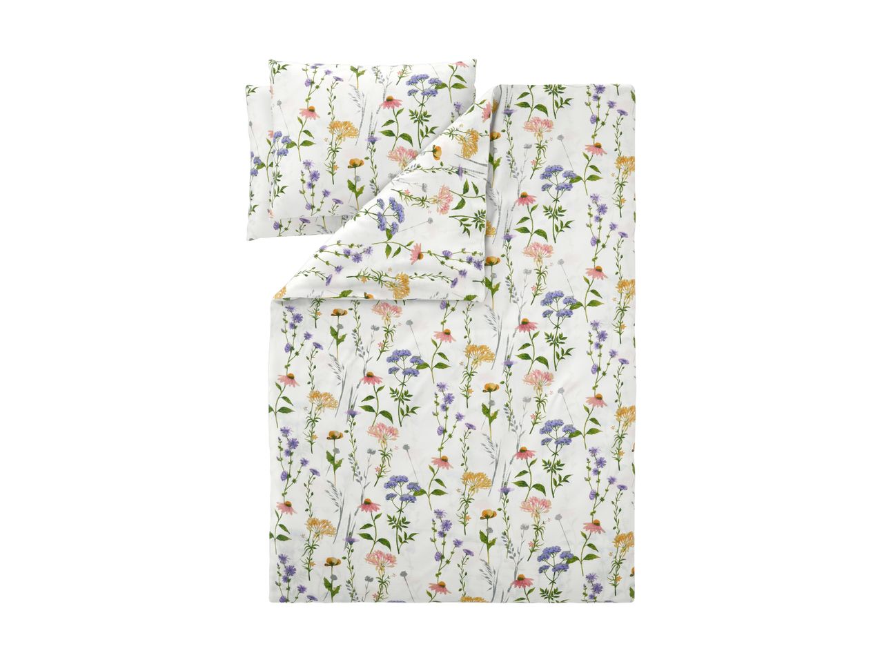White duvet cover and pillowcase set with a colorful wildflower pattern.