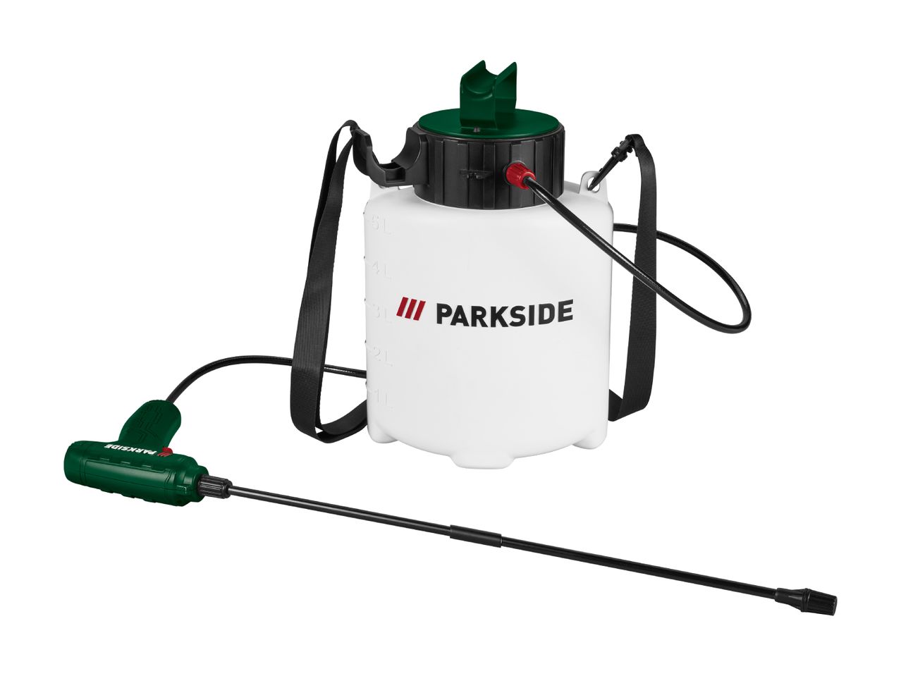 White garden sprayer with a green top and a black strap, featuring a long spray wand.