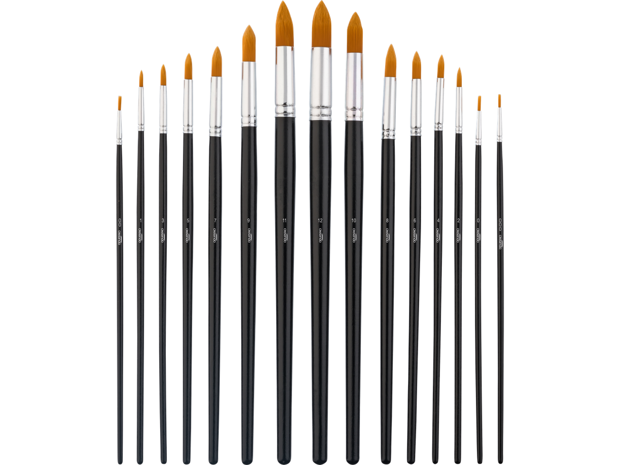 Crelando® teptukų rinkinys įvairių dydžių, nuo smulkių detalių iki plačių potėpių.