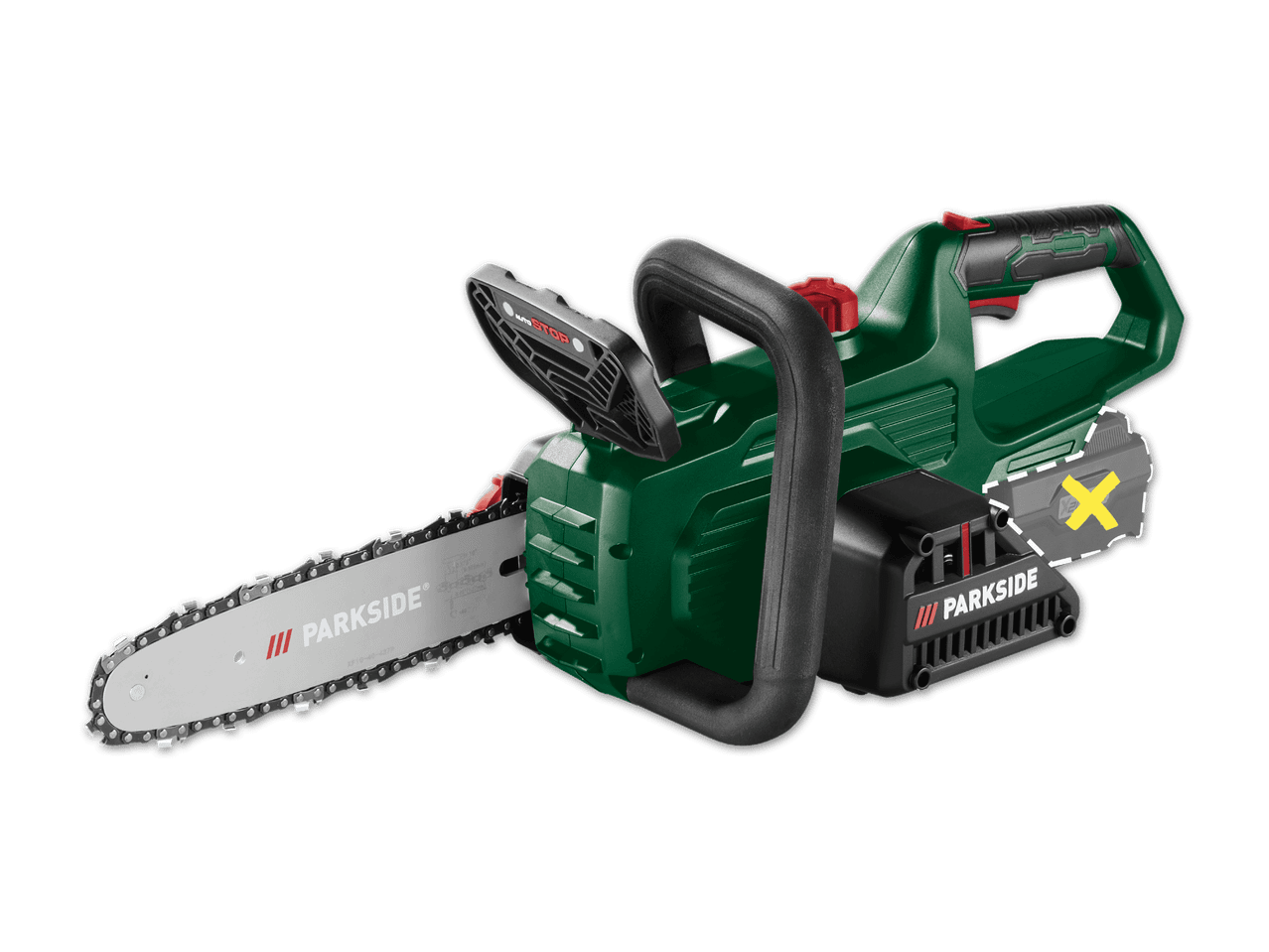 Grüne Akku-Kettensäge mit schwarzem Griff und silberner Kette