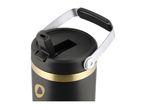 Black and gold insulated bottle with a handle and a flip-top lid.