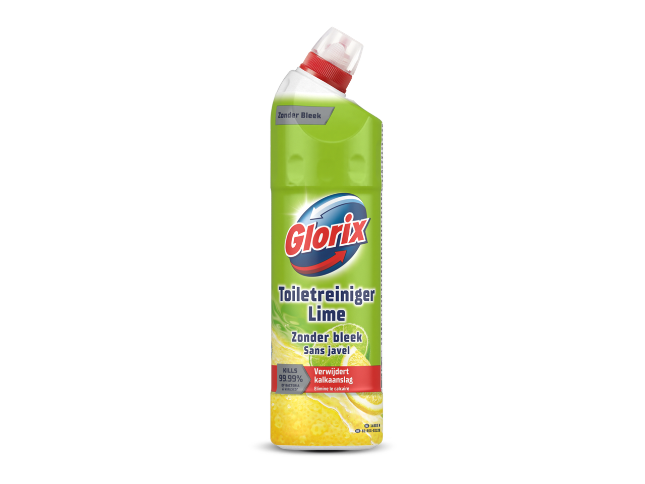 Groene toiletreiniger met limoengeur, zonder bleek, verwijdert kalkaanslag.