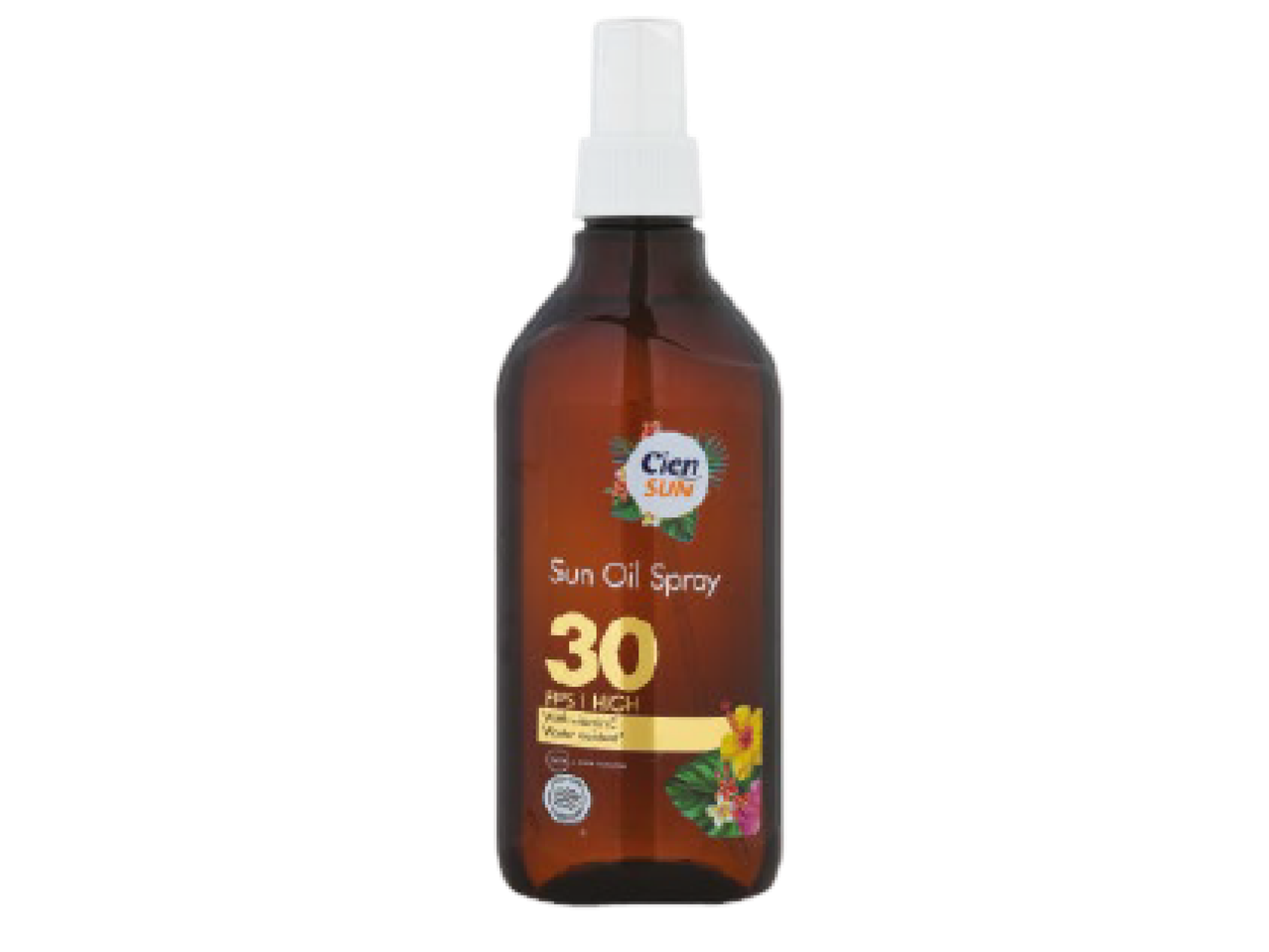 Frasco de spray de óleo solar com fator de proteção 30, com flores tropicais.