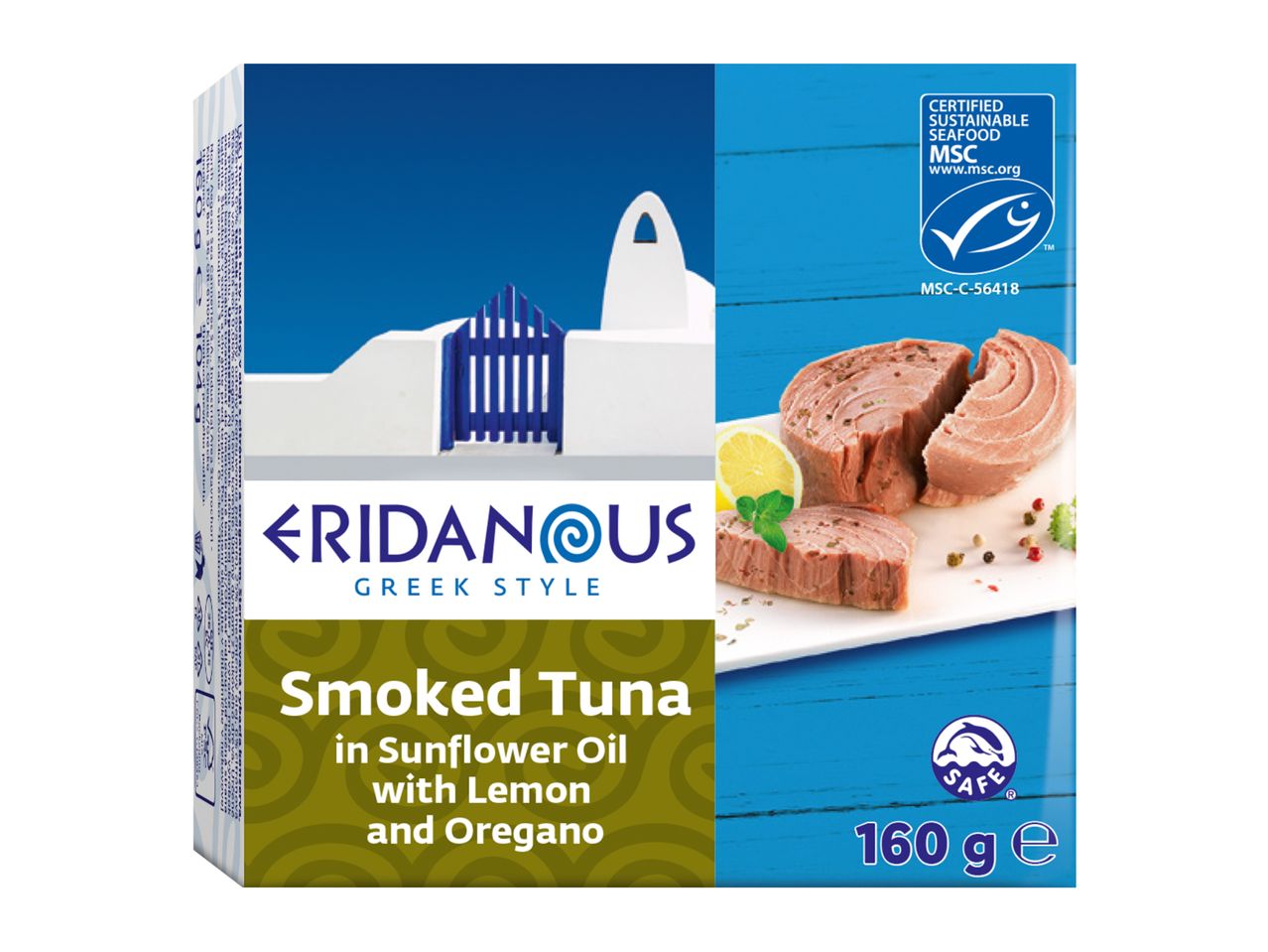 Smoked tuna in sunflower oil with lemon and oregano, 160g, with a Greek-style design.