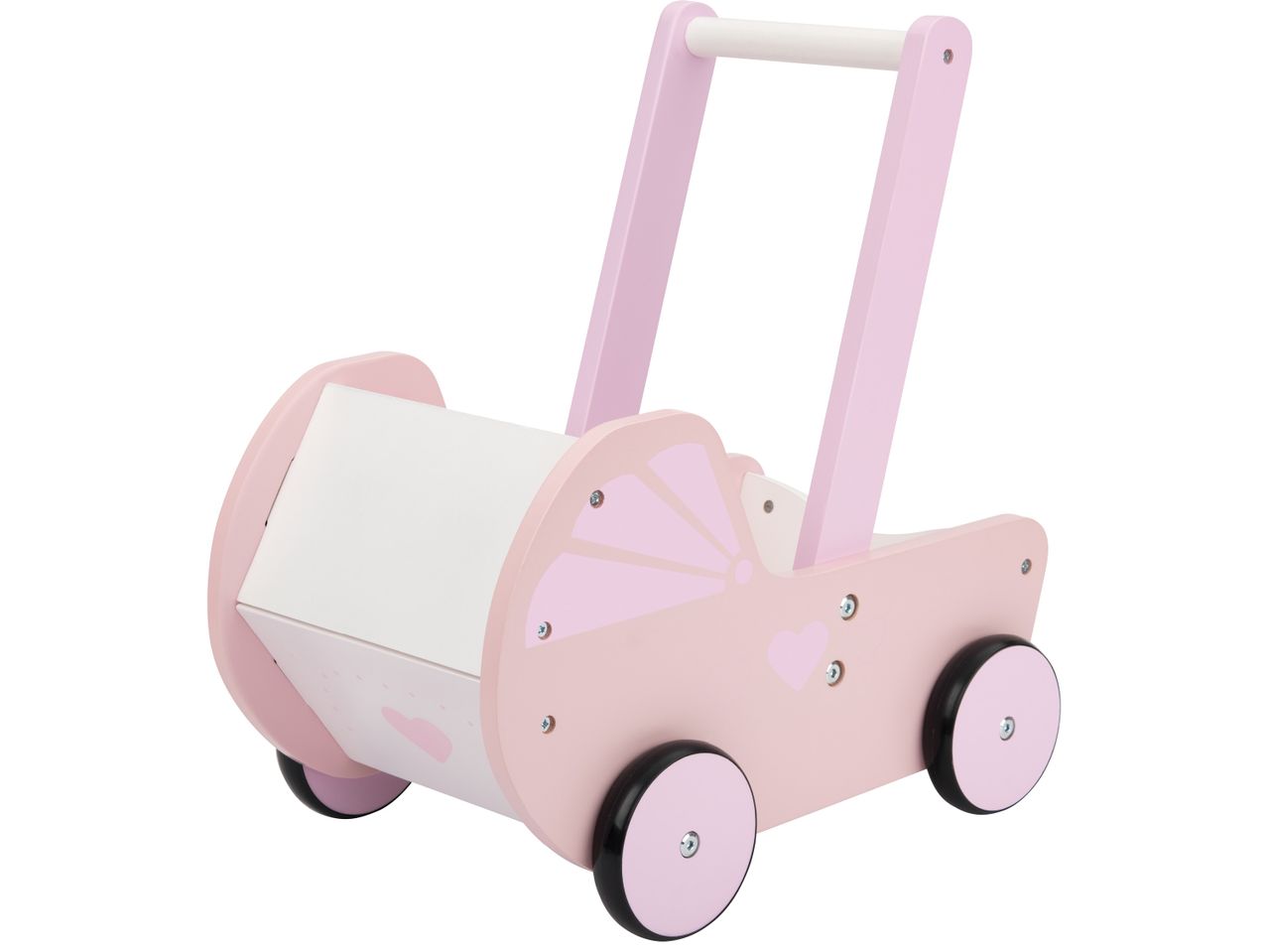 Розова дървена количка за кукли с бели и черни акценти