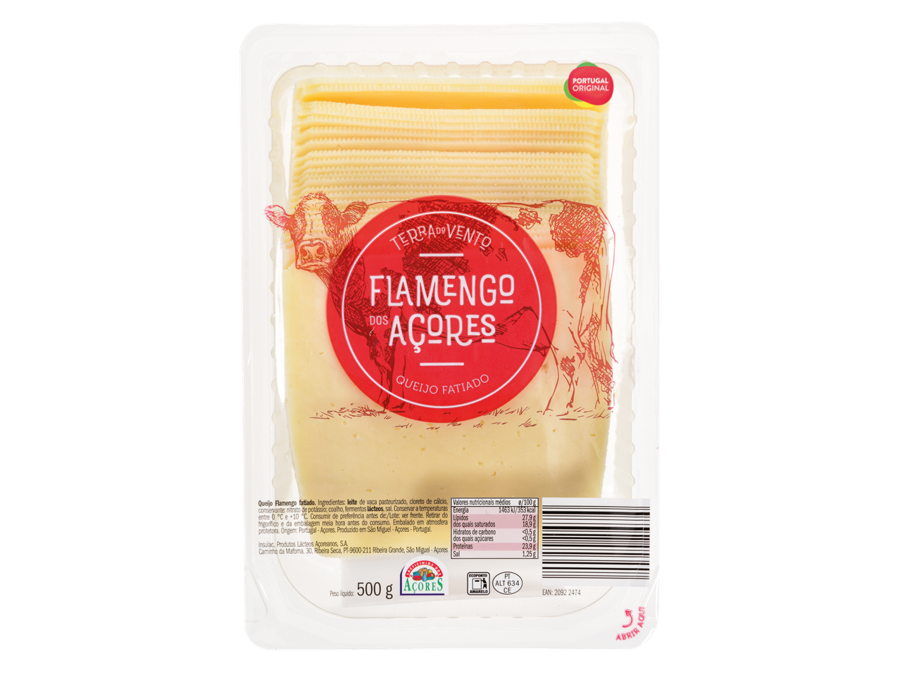 Queijo Flamengo Açores fatiado, embalado em Portugal.
