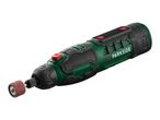 Cordless rotary tool with a sanding drum attachment, green and black with red buttons.
